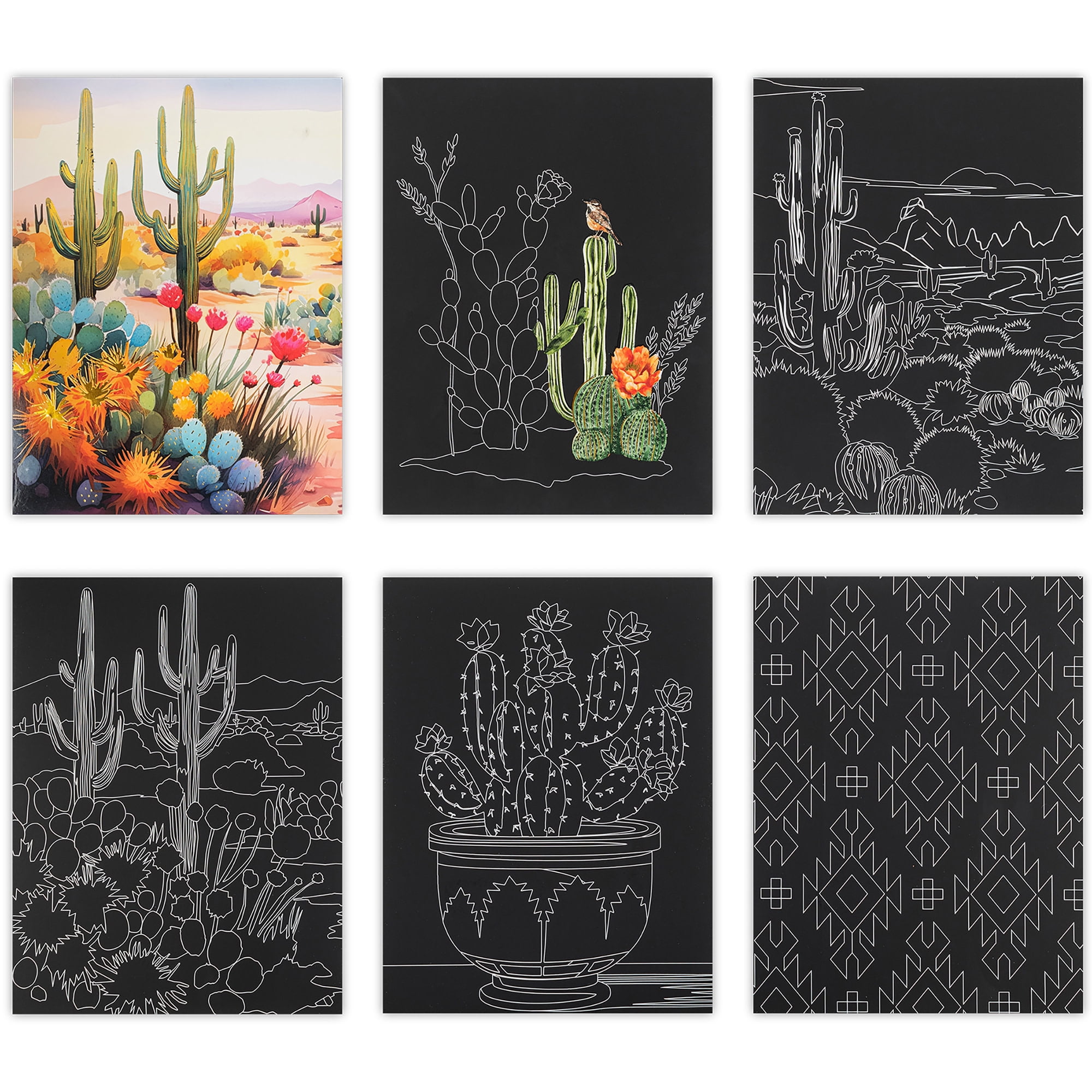 Brea Reese: Scratch Art Paper Pad - Cactus - 6 Landscape Designs, Guided Art, Metallic Accents, Dual-Tip Stylus & Brush, 9x12" Pages, Adult Craft