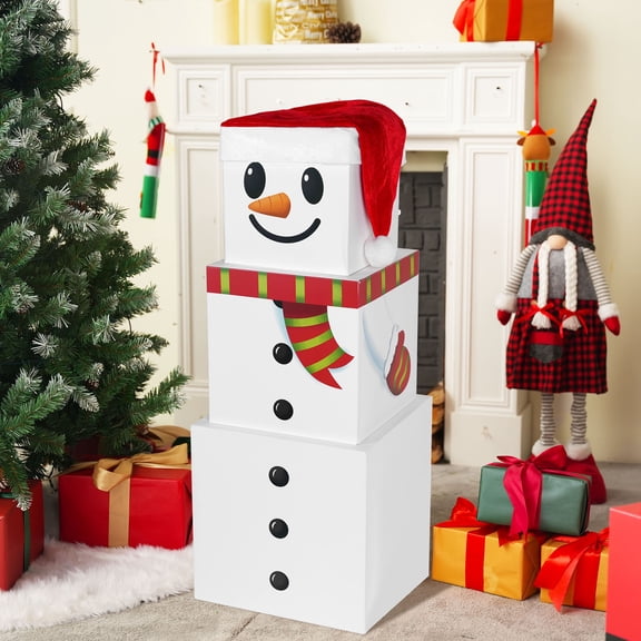 Joyfy 3 Pcs Christmas Snowman Stacking Boxes with Lids and Christmas Hat, Large Decorative Stackable Boxes, Nesting Boxes, Xmas Stackable Gift Box for Christmas Holiday and Winter Decorations