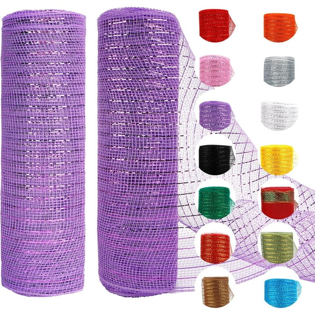 2 Rolls Red Mesh Ribbon, Christmas Deco Mesh 10 Inch x 30 Feet Each Roll, Metallic Red with Foil Ribbon for Christmas Tree Decorations Halloween Party Decor Crafts Wreaths,Morado