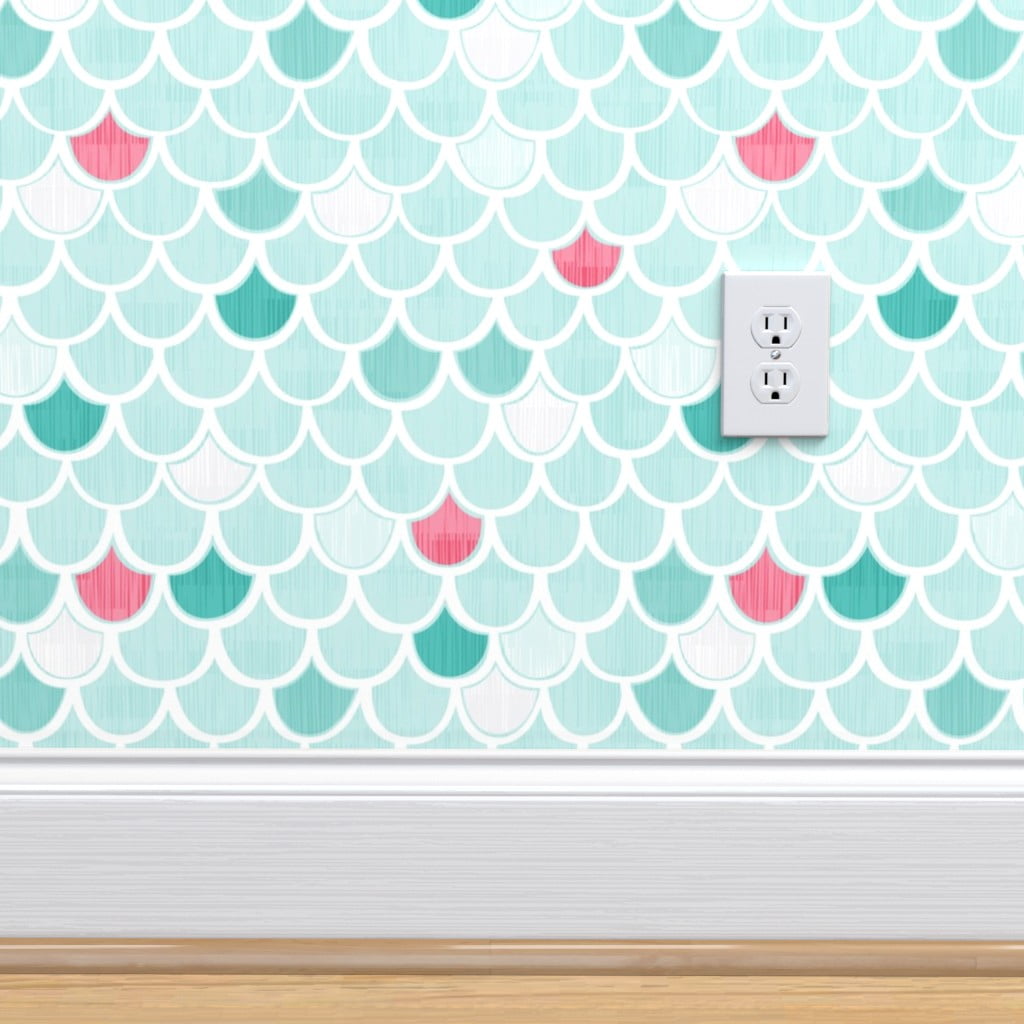 Removable Water-Activated Wallpaper Mermaid Scales Aqua Turquoise Teal Modern