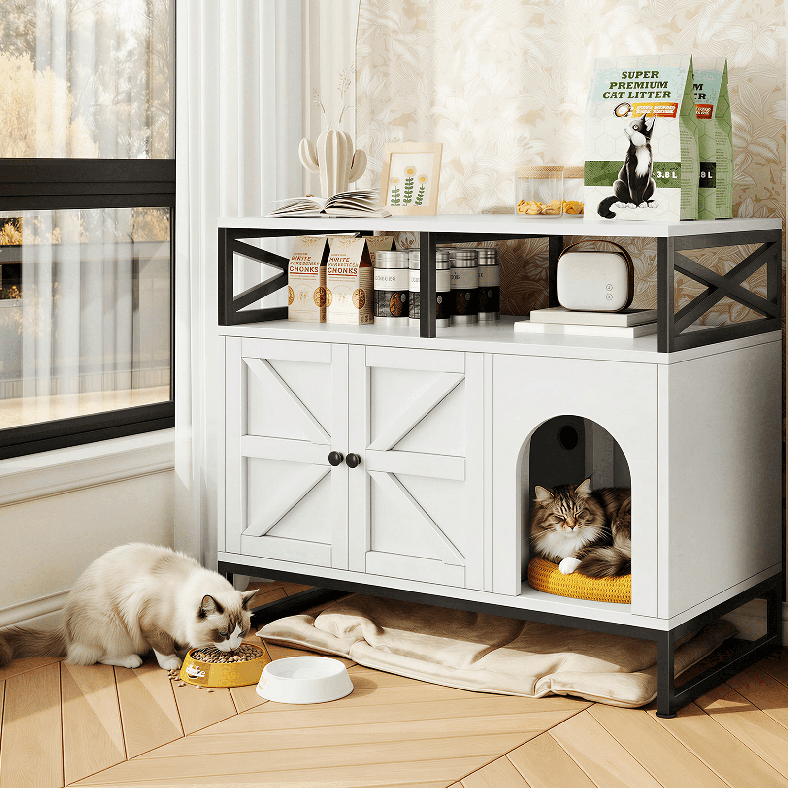 Hidden Cat Litter Box Enclosure Furniture with Adjustable Shelves,Wooden Cat Litter Box Furniture for Pet Supplies White