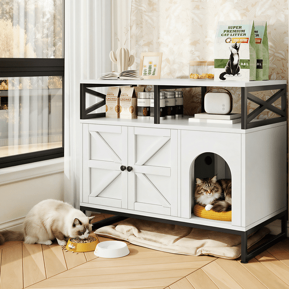 Hidden Cat Litter Box Enclosure Furniture with Adjustable Shelves,Wooden Cat Litter Box Furniture for Pet Supplies White