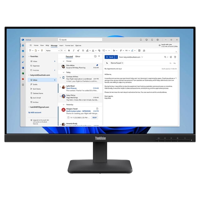monitor lenovo s24-4e de 23.8" IPS resolución 1920 x 1080 (Full HD 1080p) anti-glare color negro. Vista frontal centrada de un monitor 23.8 pulgadas con biseles delgados, pedestal rectangular y base plana; pantalla muestra ventana de correo electrónico sobre fondo claro; acabado negro mate y logotipo ThinkVision en el borde inferior. Apto también para estaciones de trabajo en hogar u oficina por su tamaño compacto.