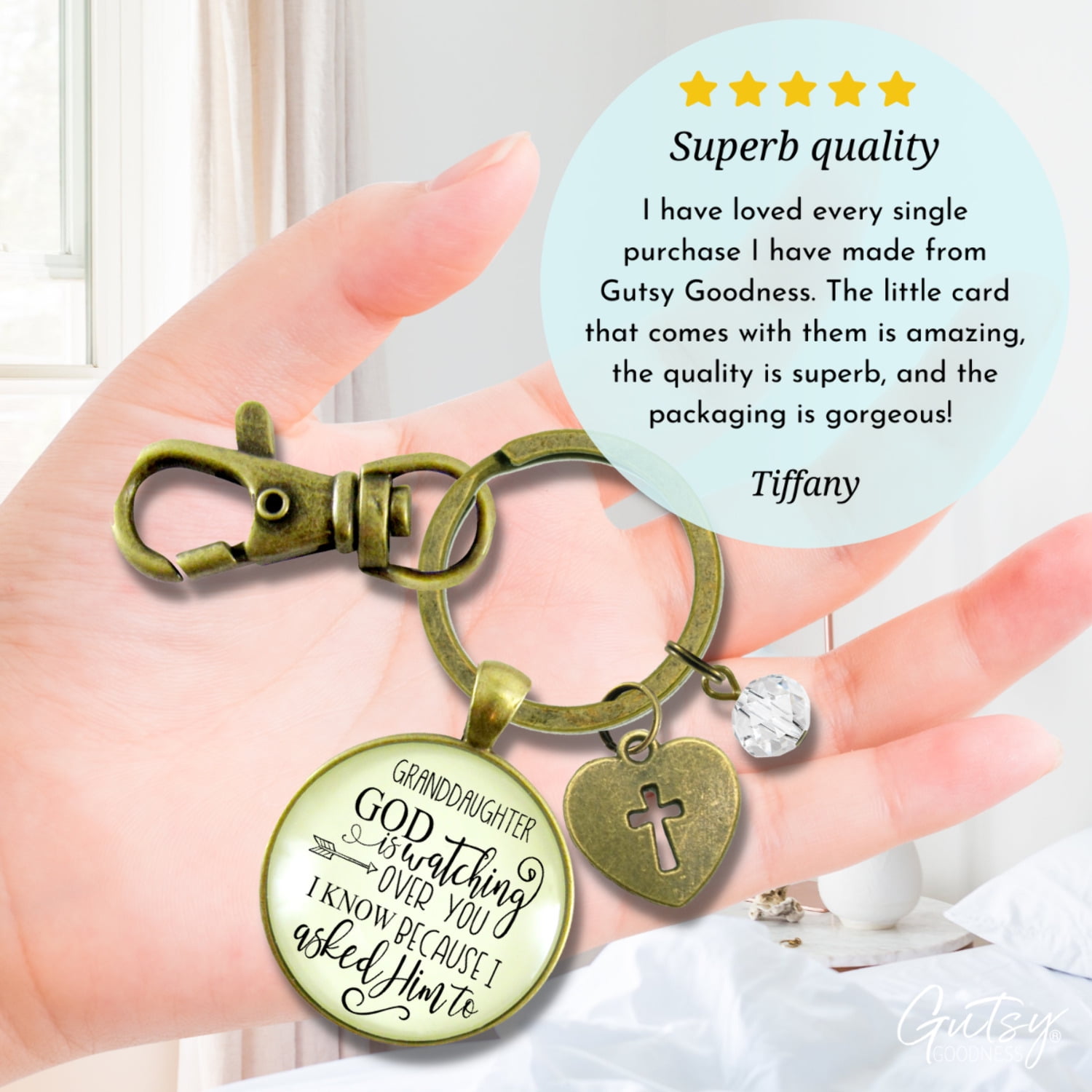 Granddaughter Keychain Gutsy Goodness Bronze Metal He Is Watching Over You Adult Female Jewelry Gift from Grandma Grandpa