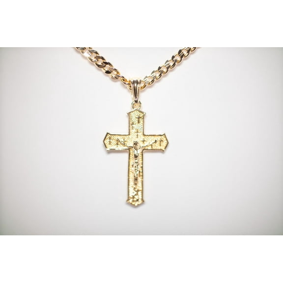 14k Bonded Gold Necklace with Curifix Cross Pendent, Best Christmas Unisex Gift for Women, Men Mother, Father, Girlfriend, Boyfriend, Her, Him, Cuban Chain with Charm by Artisan Jeweler