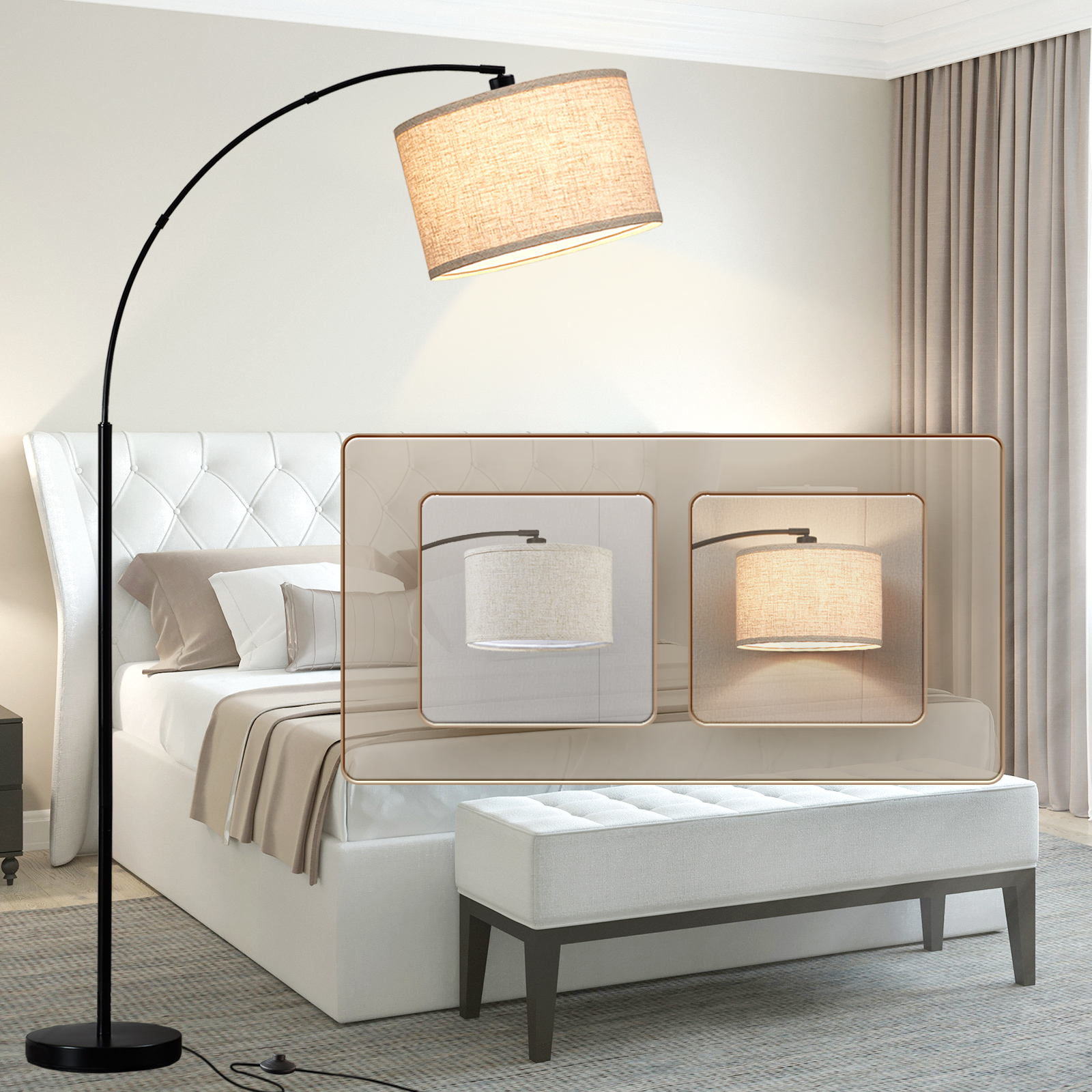 Natyswan Modern Arc Floor Lamp with Adjustable Hanging Beige Linen