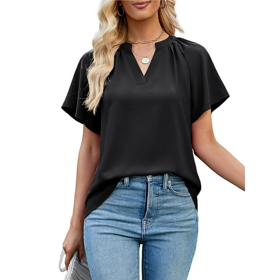 Fancyglim Women Summer Tops Ruched Tunic Short Sleeve Blouse Black XL
