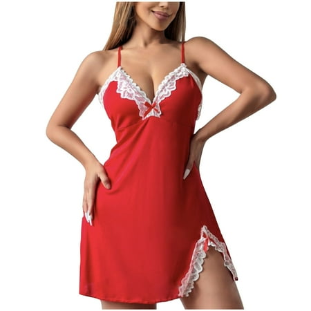 Women Negligee Lace Trim Chemise Sexy Nightdress V Neck Nighties Soft Nightgown Color Block Babydoll Side Split Nighty Sling Slips Bow Camisole Erotic Lingerie