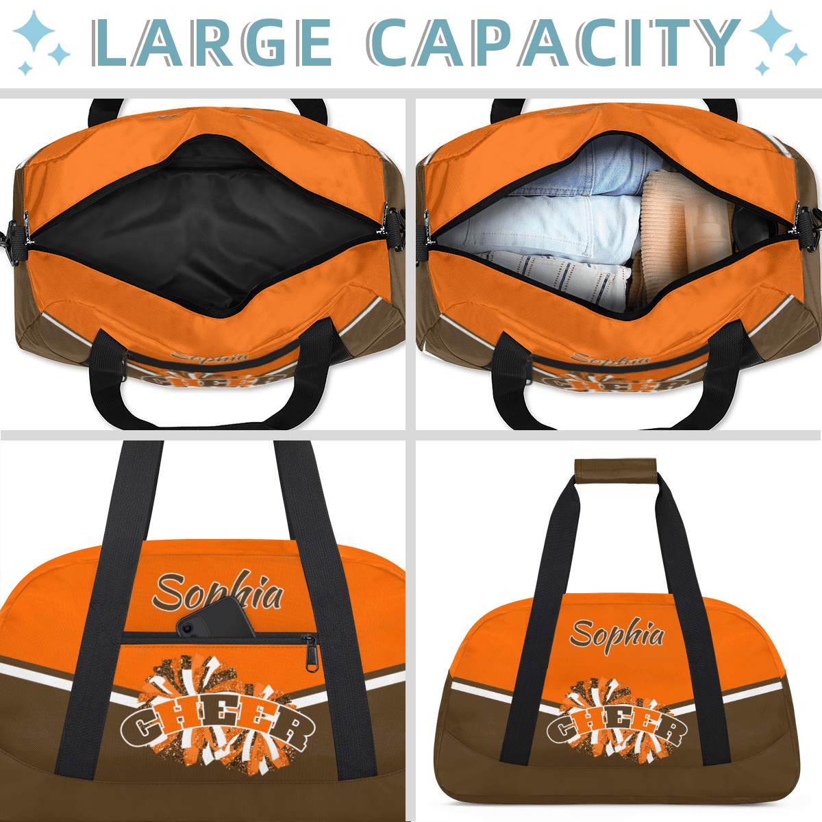 Jiaoprinted Personalized Cheer Bag, Custom Sport Duffel Bag with Name, Customized Cheerleader Dance Bag, Sport Gym Bag Overnight Weekender Bags, Brown Orange