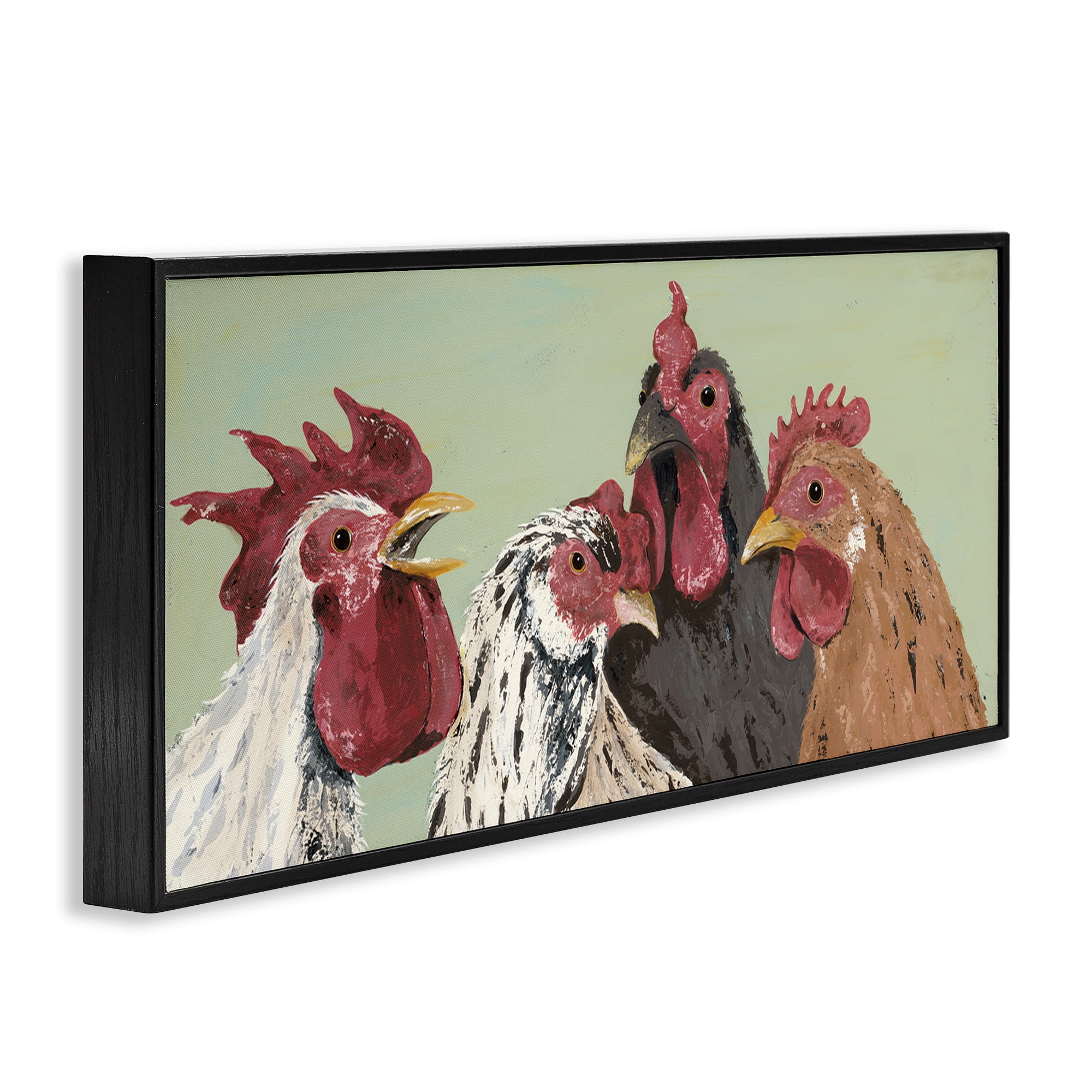 Stupell Industries Four Roosters over Green Animals & Insects Painting Black Framed Art Print Wall Art, 30 x 13