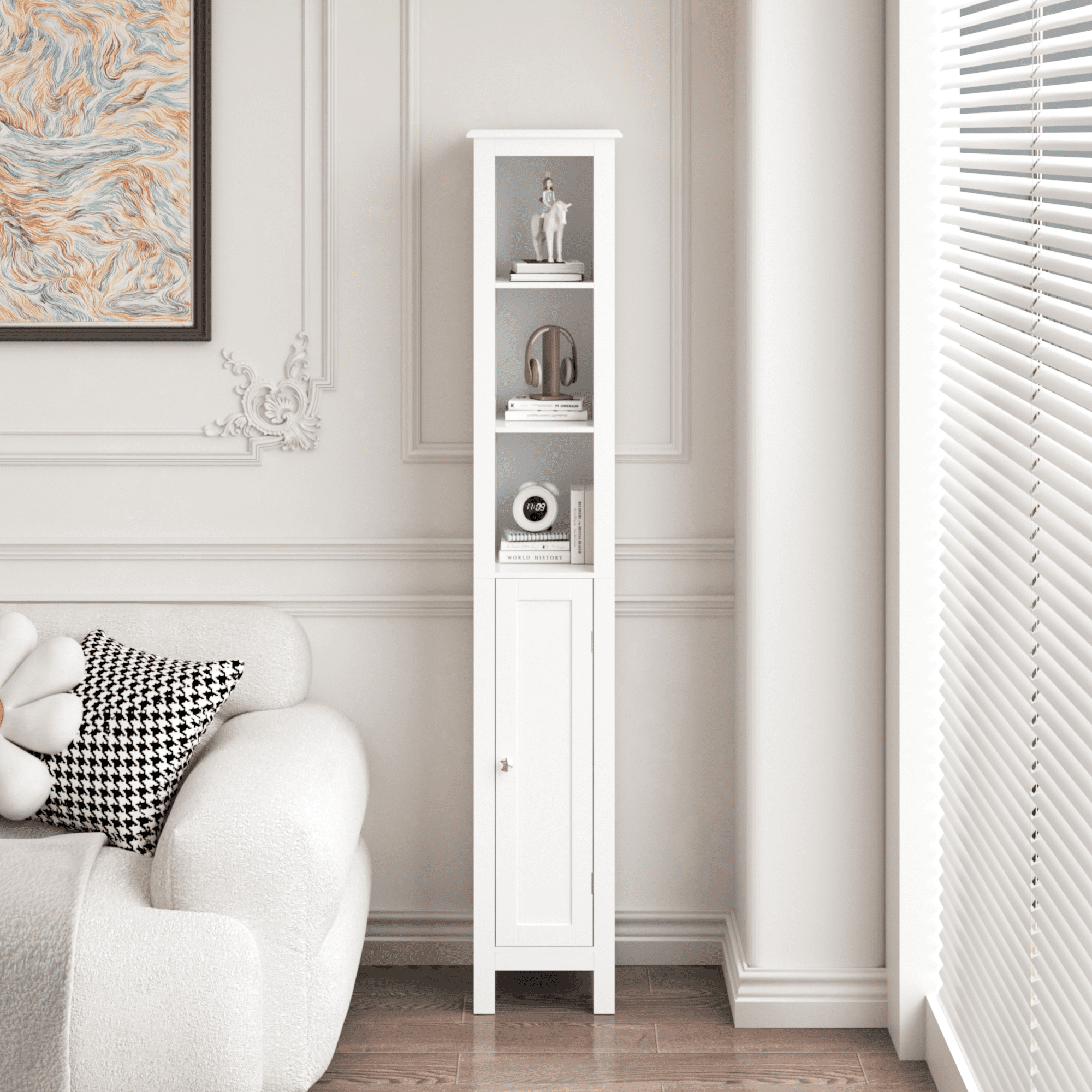 66.92" Tall Bathroom Storage Cabinet with Adjustable Shelves,Slim 1 Doors Freestanding Cabinet with Anti-Tip, Open compartments, for Home, Small Spaces, Bathroom,Kitchen, Living Room, White