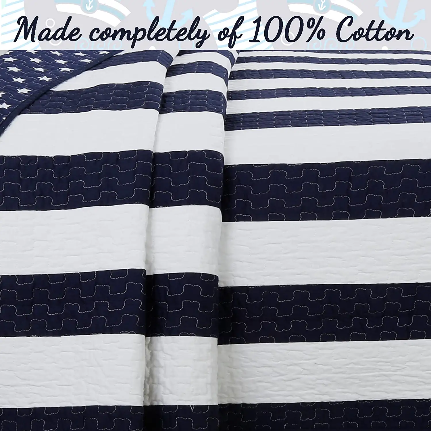 Cozy Line Home Fashions Nautical Navy Blue White Sailor Star Striped Printed Pattern 2 Piece 100% Cotton Quilt Bedding Set, Twin