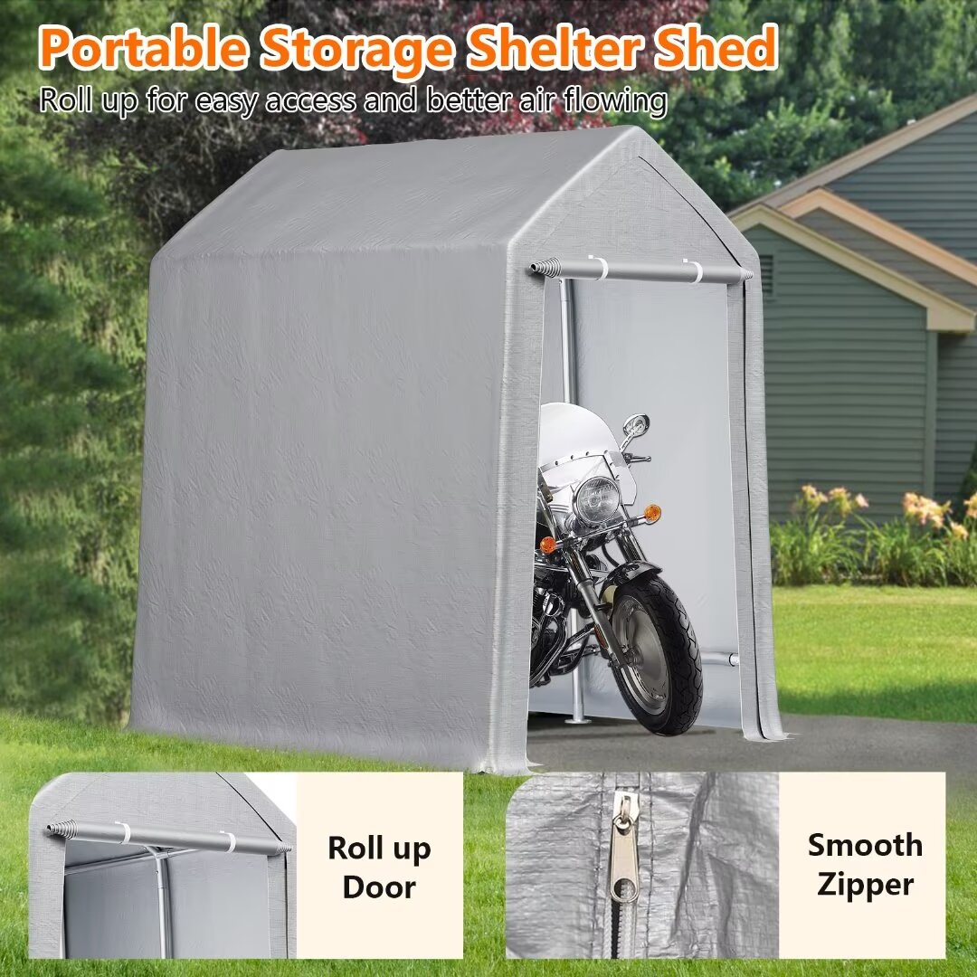 Portable Shed Carport Canopy 6x8 ft Waterproof Heavy Duty All-Season Portable Garage with Roll-up Zipper Door for Motorcycle, Bike, Garden Tools