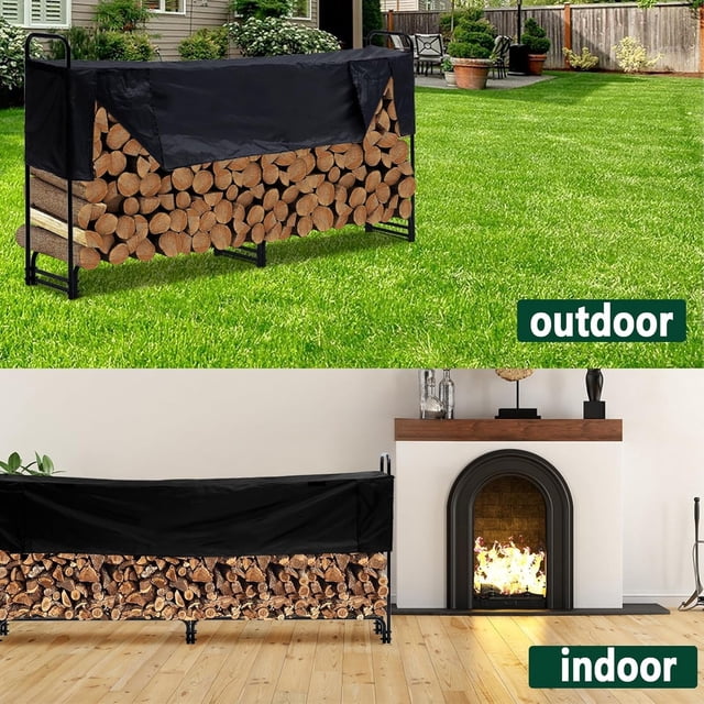Royalbelle 8 FT Outdoor FireWood Rack with Cover,Heavy Duty FireWood Holder & Waterproof Cover,1/2 Cord of FireWood for Fireplace,Patio,Storage Rack,Two Sections