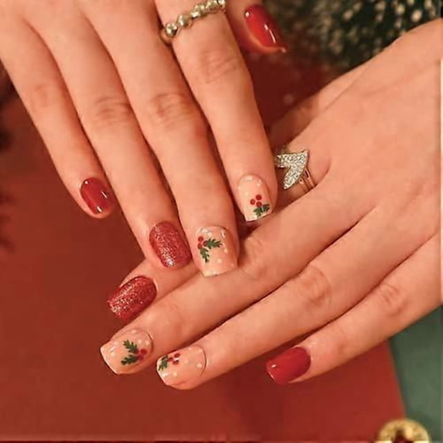 Christmas False Nails, Acrylic Stick on Nails, 24pcs Maggidea Short Press On Nails Ballet Red Fake Nails with Glue Sticker for Women and Girls Gift (G