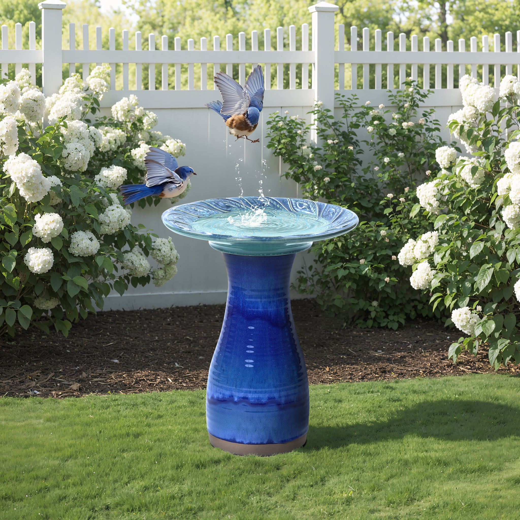 LuxenHome 20 Inch Ceramic Bird Bath for Outside, Elegant Tall Outdoor Bird Bath with Leaf Pattern