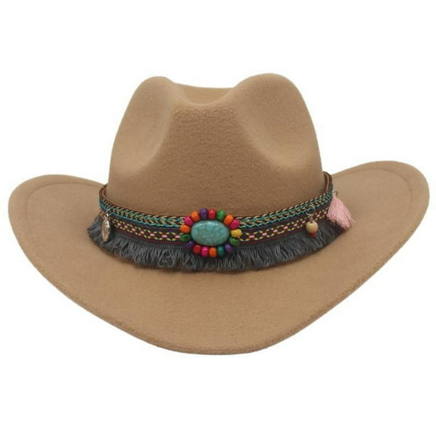 Visland Simple Women Men Fedora Hat Ethnic Style Beads Belt Decor Upturned  Brim Woolen Jazz Hat Top Hat Fashion Accessories 