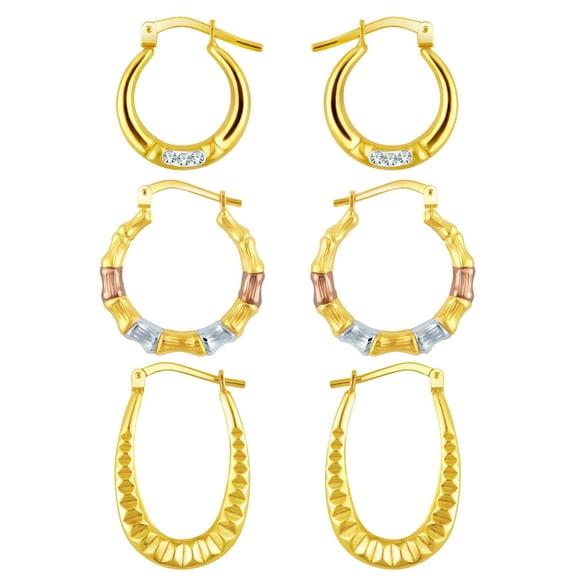 Brilliance Fine Jewelry 14K Gold Plated Sterling Silver-Crystal and Tri Color Hoop Earrings Set, Adults 3 Pairs