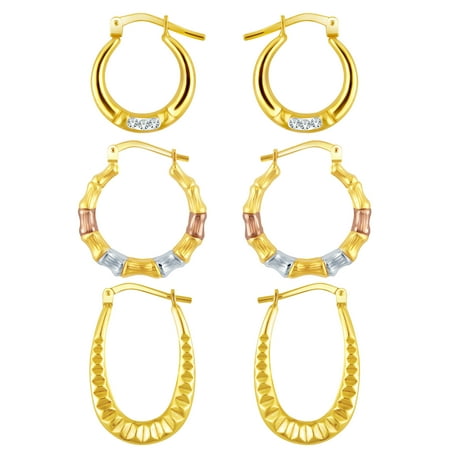 Brilliance Fine Jewelry 14K Gold Plated Sterling Silver-Crystal and Tri Color Hoop Earrings Set, Adults 3 Pairs