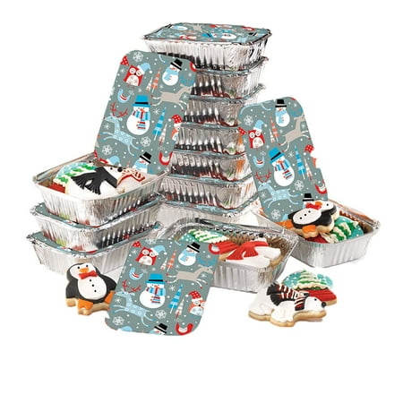 Nesting Cookie Tins Christmas Food Foil Containers with Festive Lids – Rectangle Aluminum Containers, Set of 24 – Ideal for Baking, Gifting and Storing Holiday Food, Treats, Leftovers and Cookies – Tins Measure 7” x 5” ()