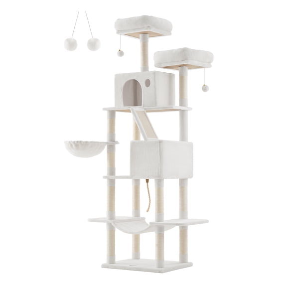 Feandrea Árbol para Gatos de 206 cm de Altura, Torre de Gatos con 13 Poste, 2 Cuevas, 2 Plataformas, Cesta, Pompón, Hamaca, Blanco Crema
