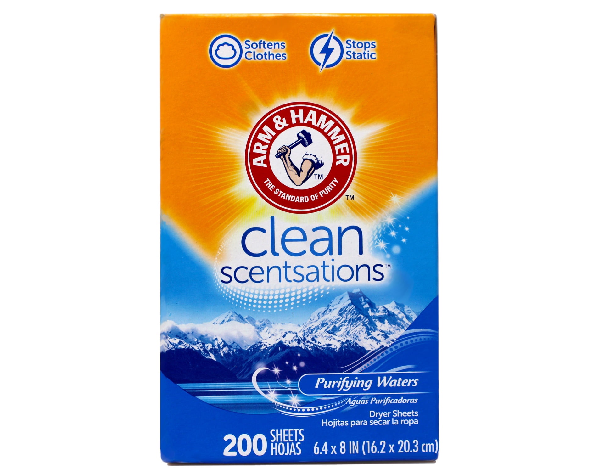 Arm & Hammer Clean Scentsations Fabric Softener Dryer Sheets, Purifying Waters Scent, 200 Count - 6 Pack