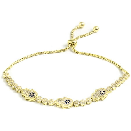 Pori Jewelers Multi CZ 18kt Gold-Plated Sterling Silver Hamsa Friendship Bolo Adjustable Bracelet