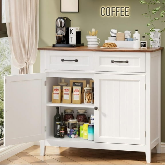 Coffee Bar Cabinet, Lofka 35" Sideboard Buffet Cabinet with 2 Drawers, Adjustable Shelf, 2 Doors, White Retro