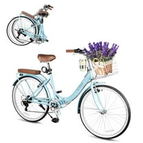 Floding Ladies Bicycle with Coffee Cup Holder,Basket & Rear Rack, 26 Inch Beach Cruiser Bike for Women, Retro Style 7 Speeds Commuter Bicycle, Blue