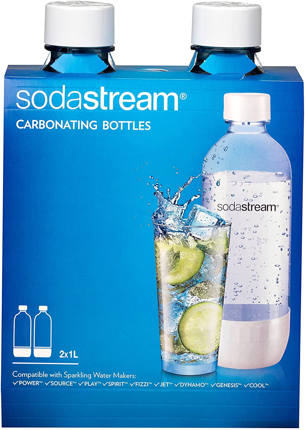 SodaStream 1-Liter Dishwasher Safe Classic White Carbonating Bottle, 2 Count