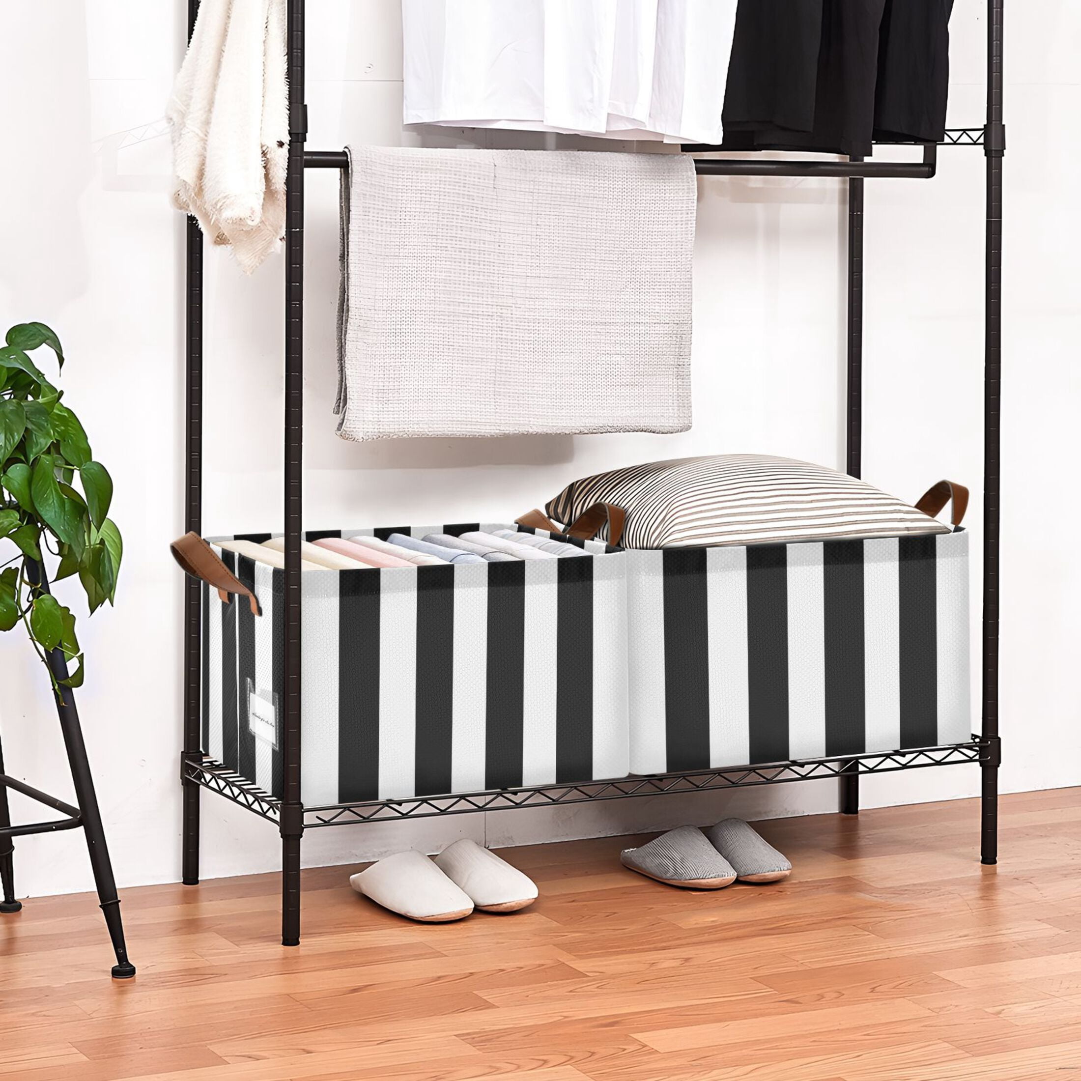 Ryvnso White and Black Stripe Pattern Storage Bins Large Basket Foldable Cube Toys Organizer with Handles 2 PCs