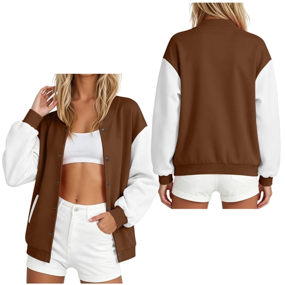 Trikvn Women's Varsity Jacket Color Block Baseball Jackets Button Down Long Sleeve Casual Outerwear Vintage Streetwear Coats Lightweight Pockets Fall Fashion