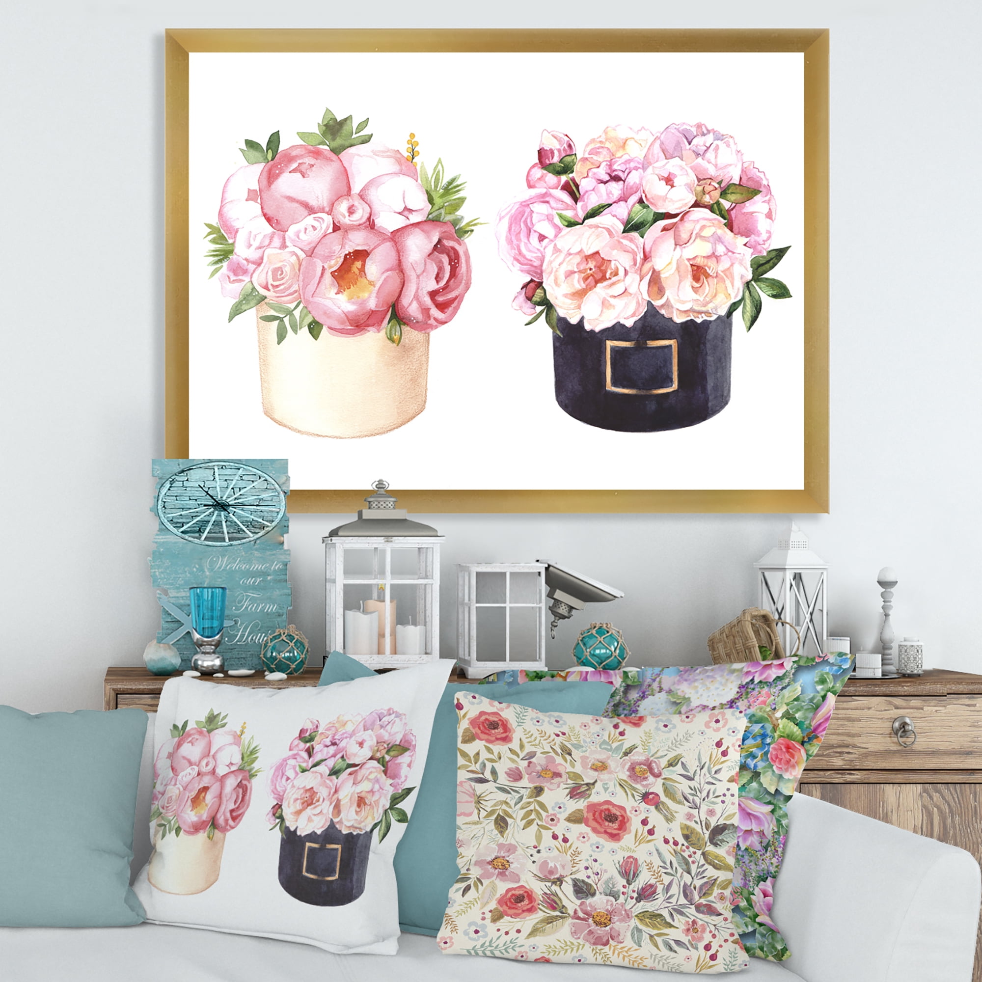 Designart 'Peonies and Rose With Flower Box' Farmhouse Framed Art Print