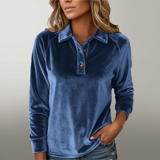 Karight Womens Vintage Velvet Blouse Long Sleeve Button Up Lapel Neck Henley Shirts Basic Solid Color Casual Winter Tops