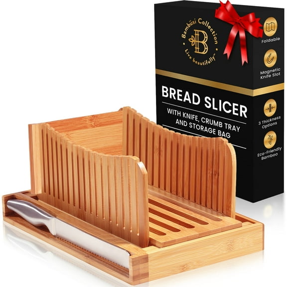Bread Slicer for Homemade Bread - Adjustable Bamboo Bread Cutter with Knife, Foldable Slicing Guide and Crumb Tray - Compact Loaf Slicer for Sourdough, Bagels, Cakes, and Loaves - Kitchen Baking Tool