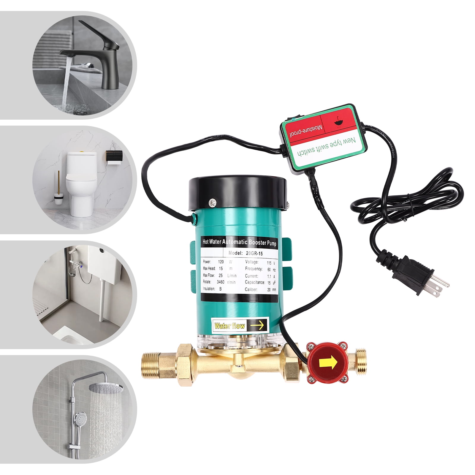 Water Pressure Booster Pump, 120W 115V/60Hz & 1-Inch Outlet, High-Flow Pump for Home & Irrigation, Increases Shower & Faucet Pressure