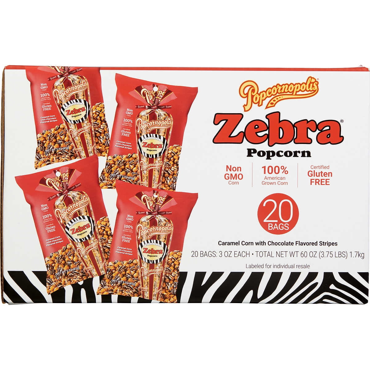 Popcornopolis Popcorn, Zebra, 3 oz, 20 ct