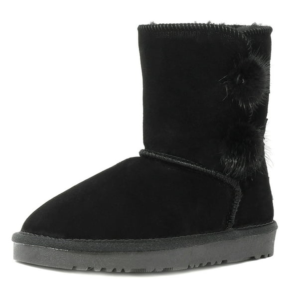 DREAM PAIRS NEW Kids/Girls Classic Mid Snow Boots Winter Flat Shoes Faux Fur SHORTY-POMPOM BLACK Size 13
