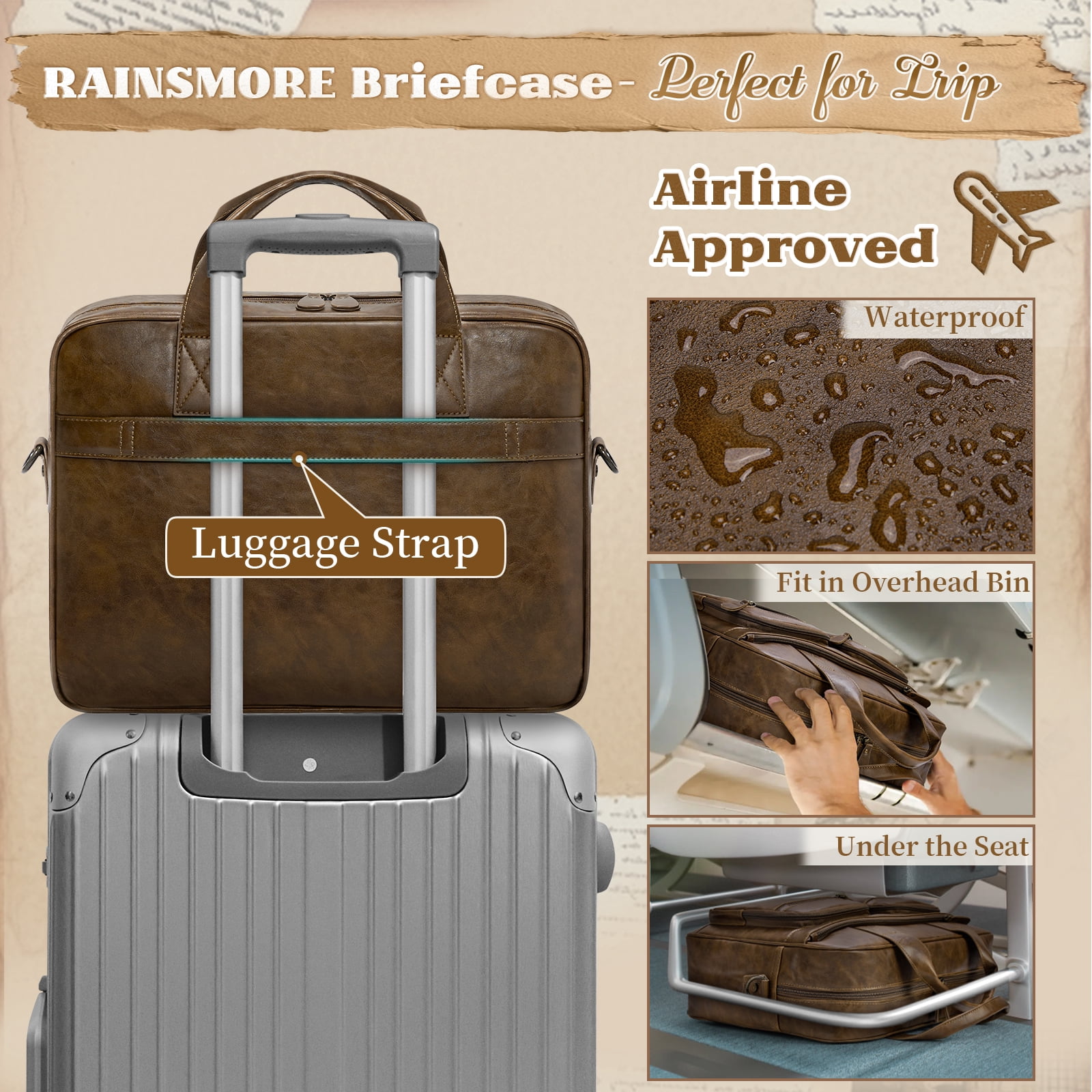 RAINSMORE 15.6 Inch Messenger Bag for Men Vintage PU Leather Laptop Bag Waterproof Computer Briefcases for Men Retro Mens Briefcase Satchel Bag for Work Office Business Travel,Brown