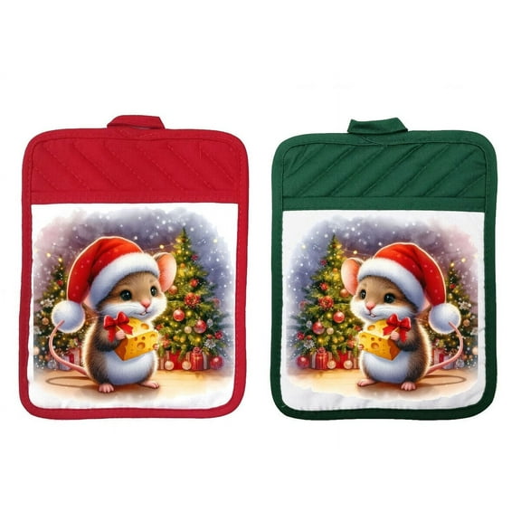 Set of 2 - 9" x 7" Pocket Pot Holders - Merry Christmas Mouse - scph037