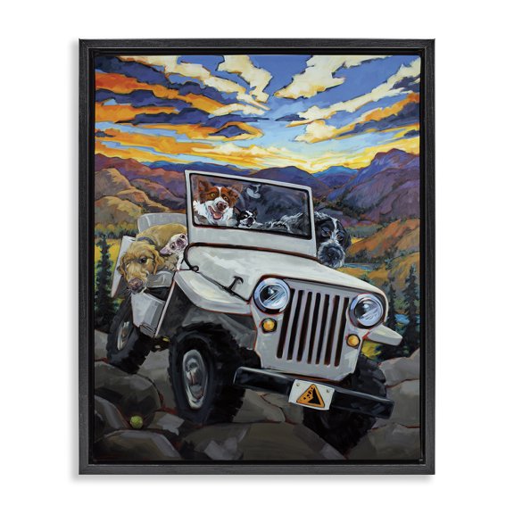 Stupell Industries Eclectic Dogs Off-Roading Desert Drive Mountain Sunset Black Floating Frame Canvas Art, 25 x 31, by CR Townsend