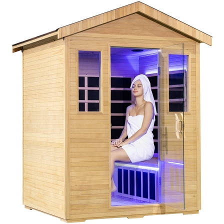 30A Cord Outdoor 4 Person Far Infrared Sauna for Home Spa, Low EMF Wooden Dry Sauna Room with Bluetooth Speakers, LCD Control Panel, Tempered Glass Door, 84.24"x66.6"x51.24"