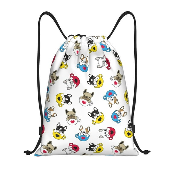 Fotbe French Bulldog With Coffee Cup Bolsa Mochila con Cordón Estampada, Bolsa de Gimnasio Deportiva, Bolsa Cinch, Bolsa con Cordón para Hombres y Mujeres-Small