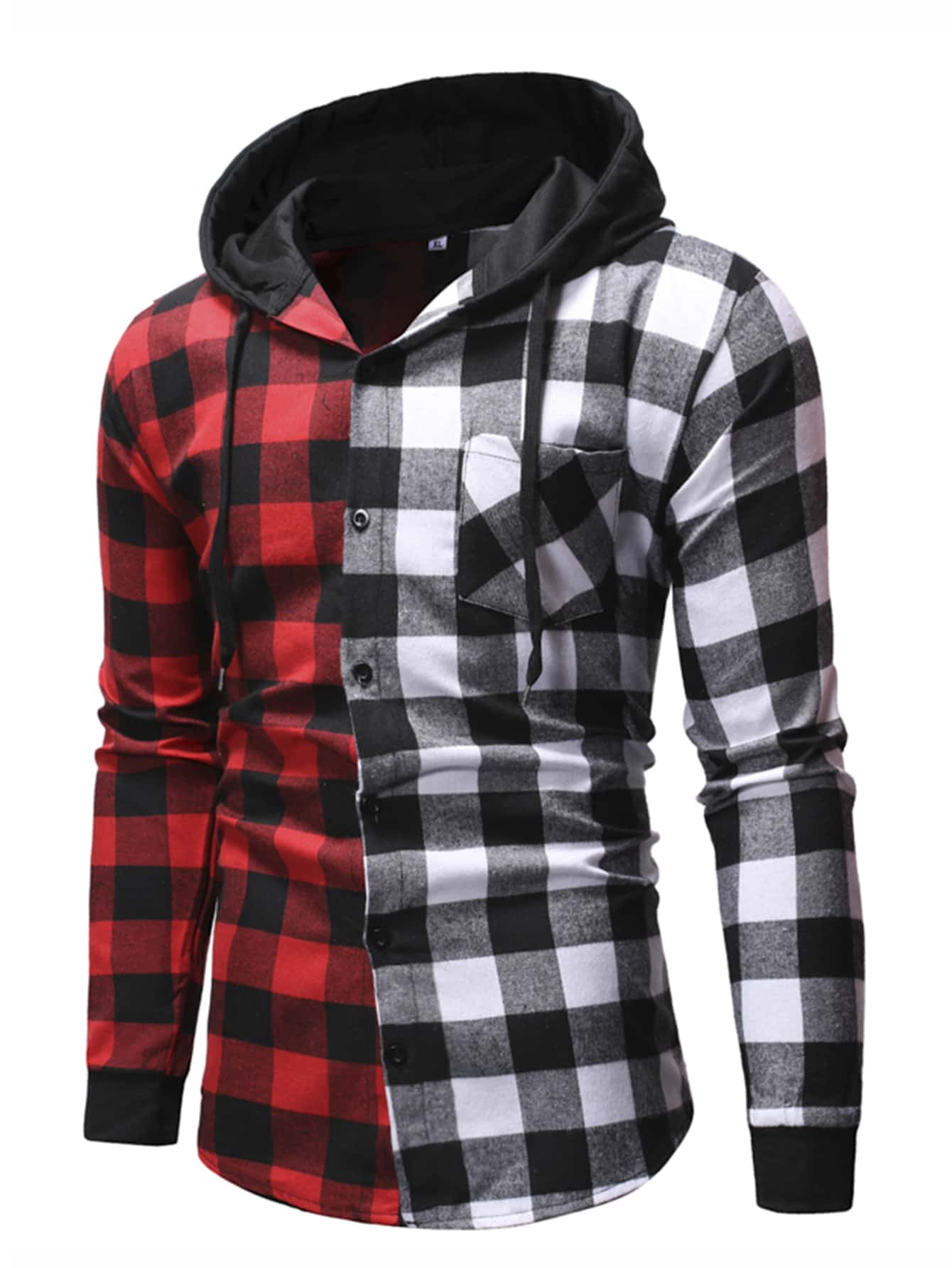 Men Buffalo Plaid Drawstring Hooded 