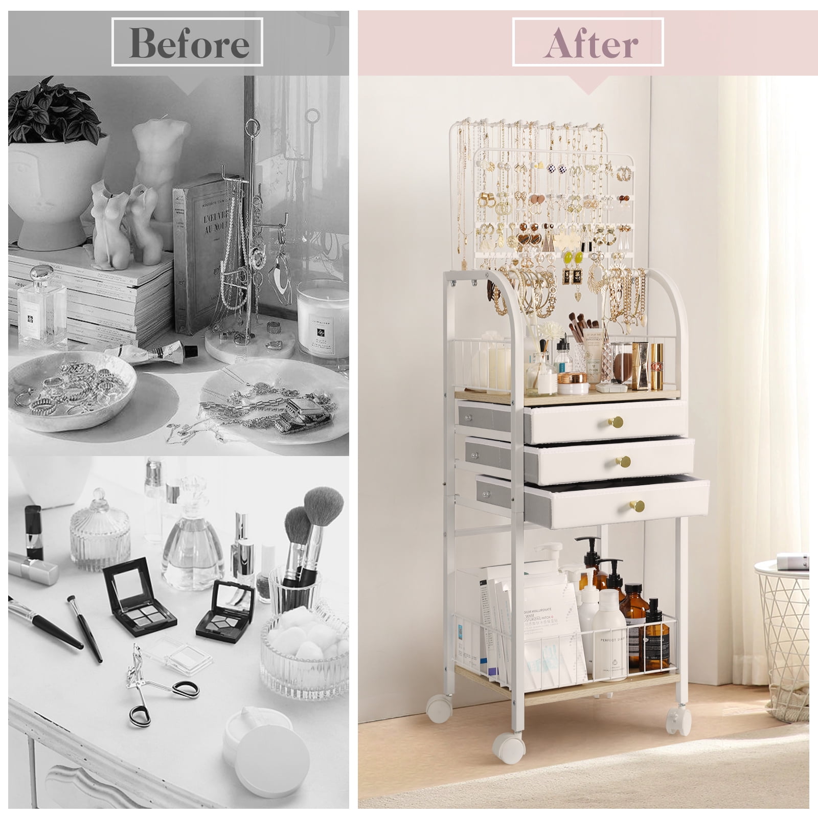 Olakee Large Jewelry Organizer Stand with 3 Drawers — for Necklace, Earring, Ring, Bracelet, Girls & Women, Modern, White