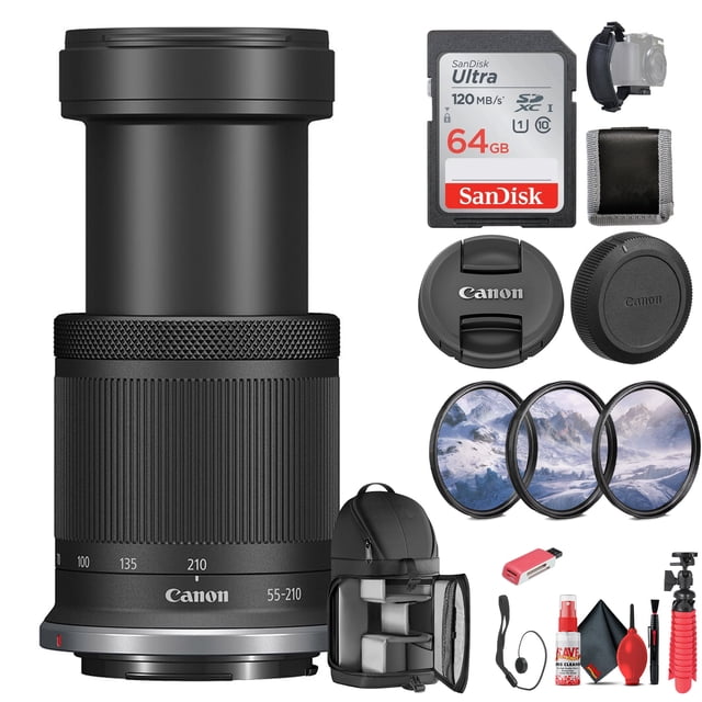 Canon (RF-S 55-210mm f/5-7.1 Lente STM RF) p/ Fotos/Videos de Paisajes, Retratos y Viajes (5824C002) + Tarj. Mem. 64 Gb + Kit Filtros + Mochila + Lector Tarj. + Trípode Flex. + Más