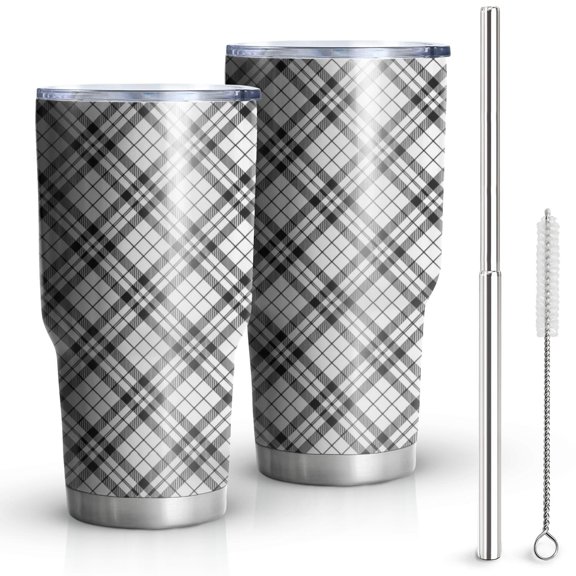 30oz Black White Plaid Checkered Pattern Tumblers Stainless Steel Tumbler with Lid and Straw,Vacuum Insulated Double Wall Travel Tumbler Cups Mug with Cleaning Brush for Coffee,Tea