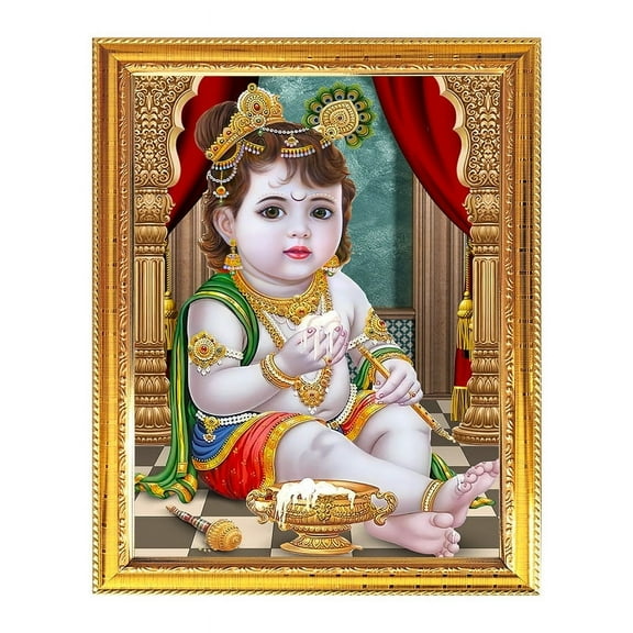 Laddu Gopal Indian God Photo With Golden Frames For Pooja And Wall Gift House Warming Office Living Room Table Temple 7.8 X 11.4