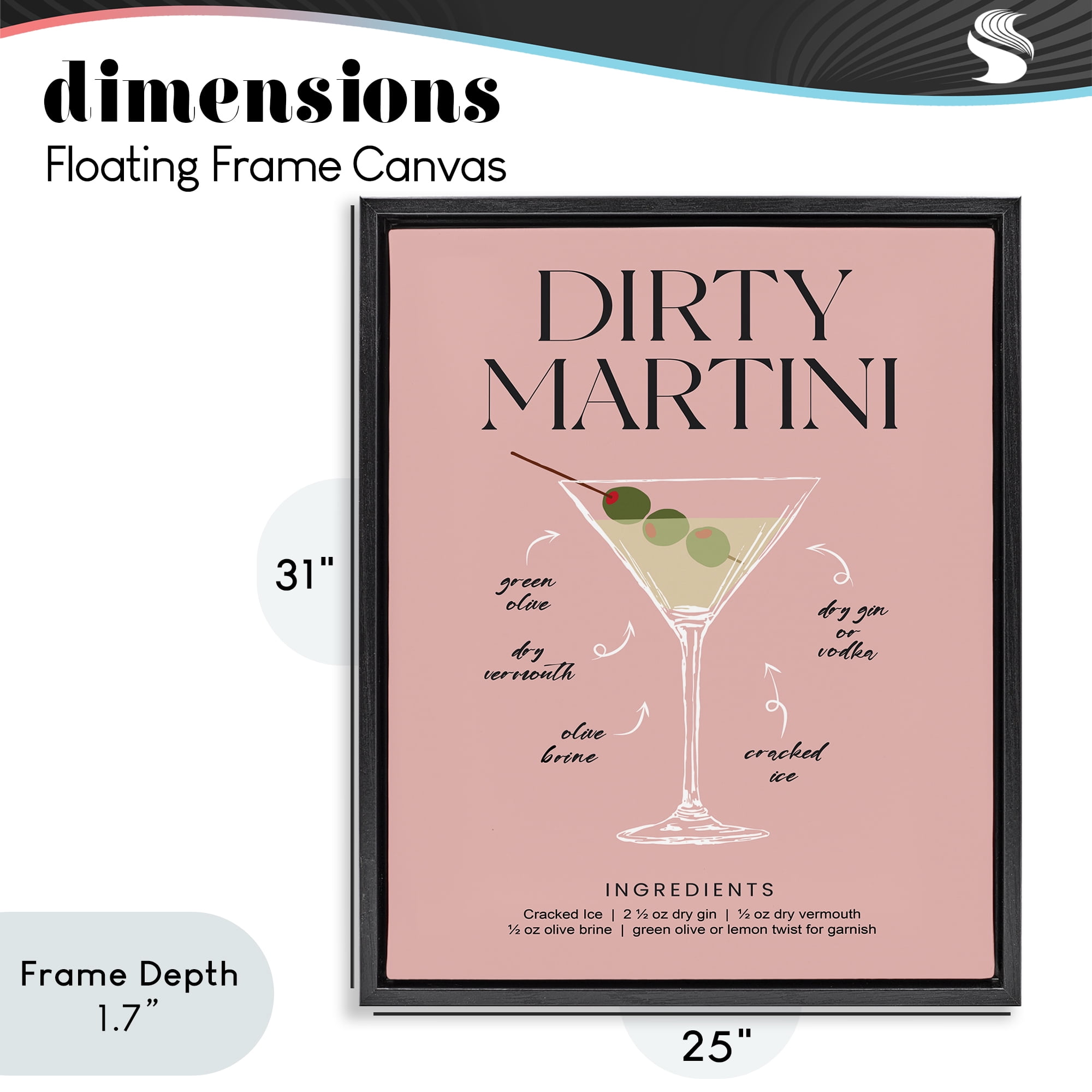 Stupell Industries Dirty Martini Pink Recipe Black Framed Floater Canvas Wall Art, design by Lettered and Lined
