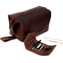 Leather Brown Buffalo DoppKit Unisex Travel Toiletry Cosmetic Pouch Shaving Kit Men Women